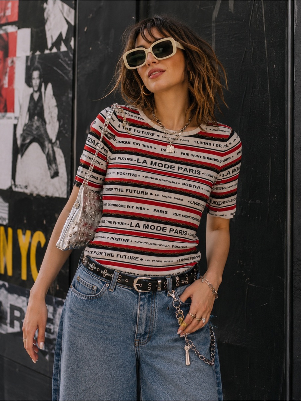 River Island La Mode Paris Striped Graphic Knit Top - Red, Black & Cream Size 10